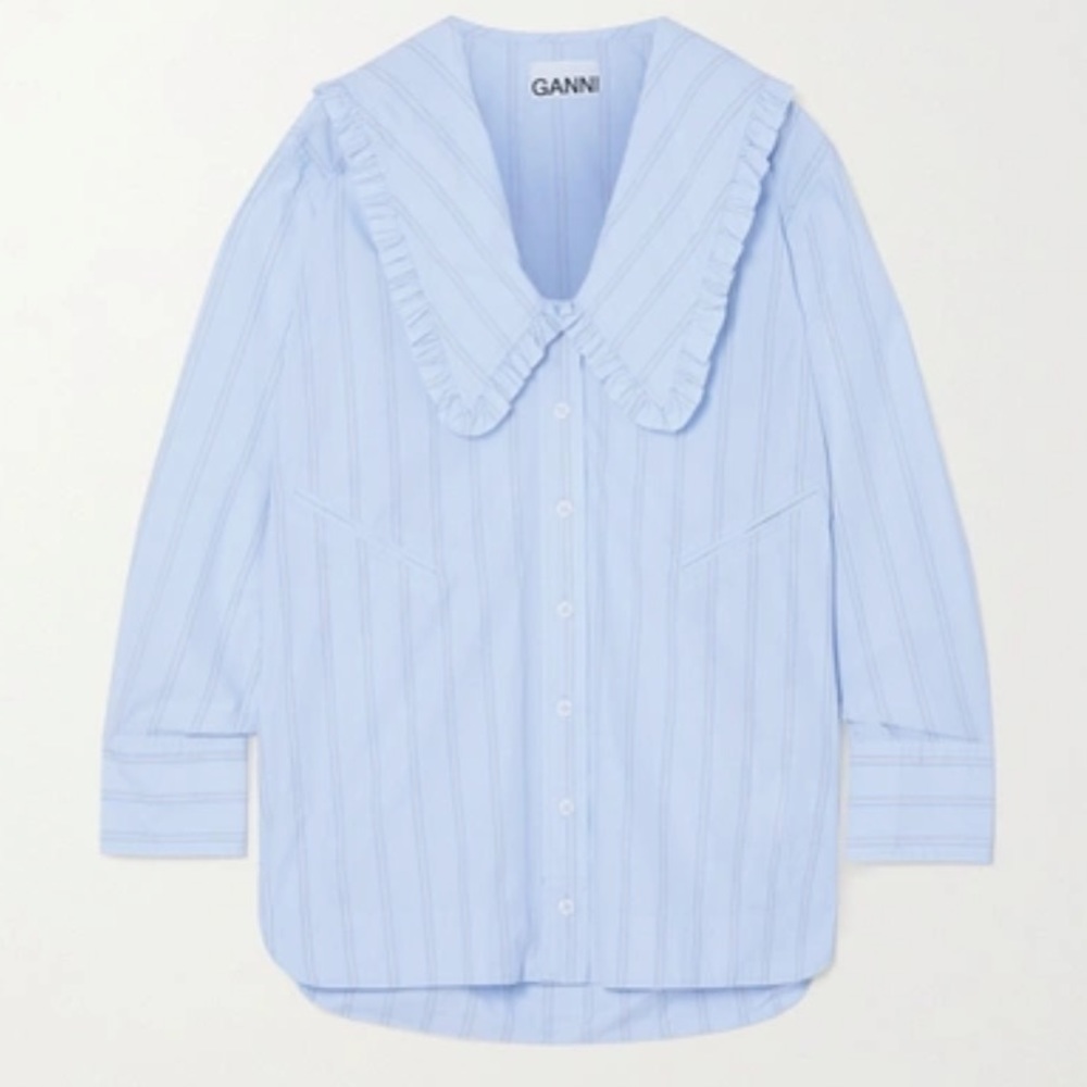 Ganni Light Blue Pinstripe Ruffle Collar Button-Down Shirt